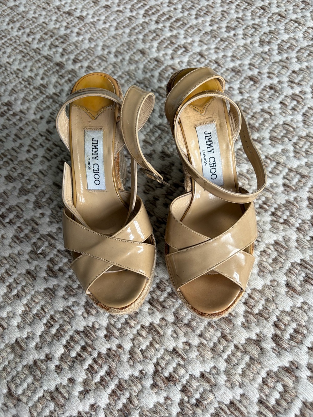 Jimmy Choo Nude Patent Leather Crisscross Wedge Sandals